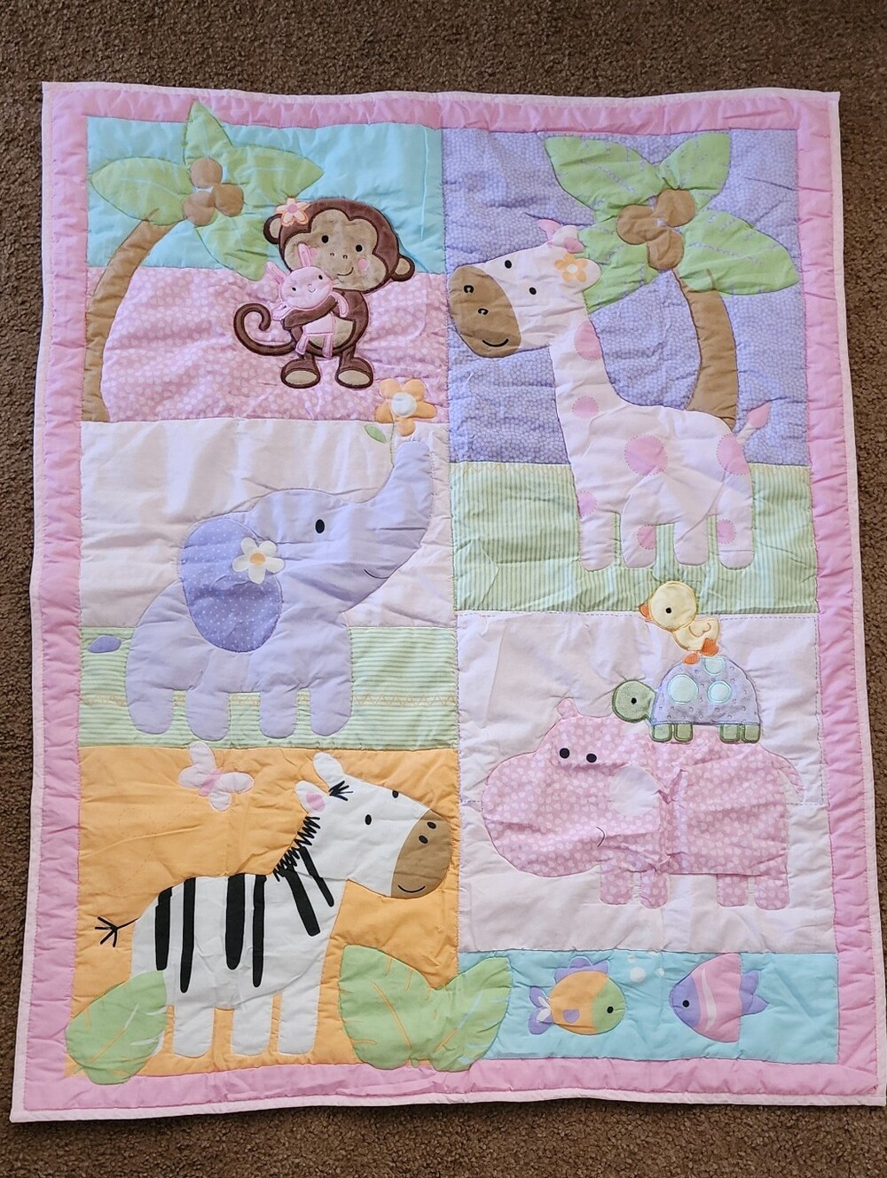 JUST BORN baby girl pink crib quilt blanket comforter animals jungle safari